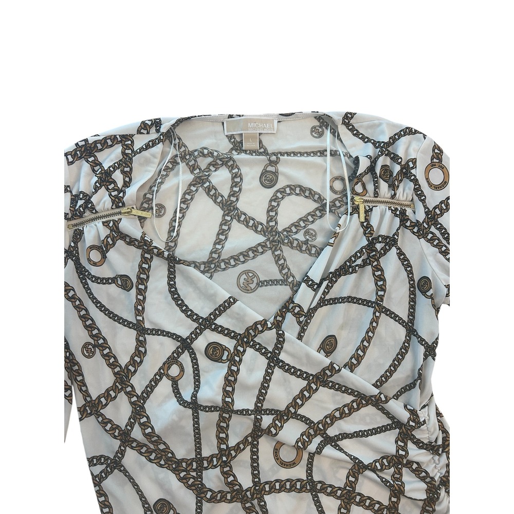 Michael Michael Kors Womens White Chain Print V Neck Jersey Blouse Large - Picture 6 of 9